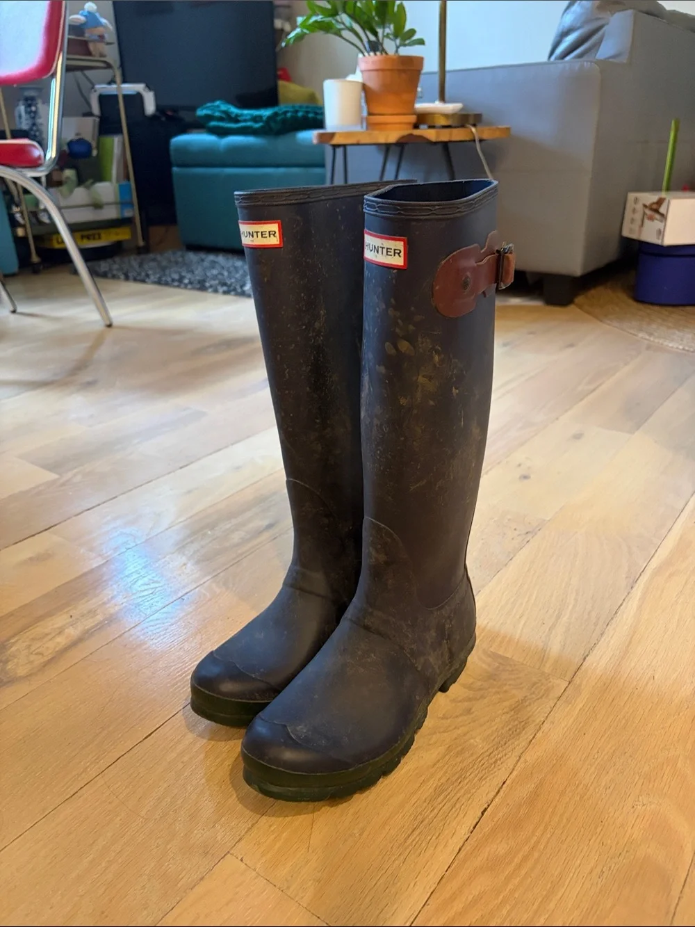 Hunter Navy Rain Boots with Burgundy Buckle and Green Sole Accent